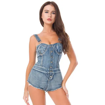 Trendy Denim Shorts Bodysuit Jumpsuit