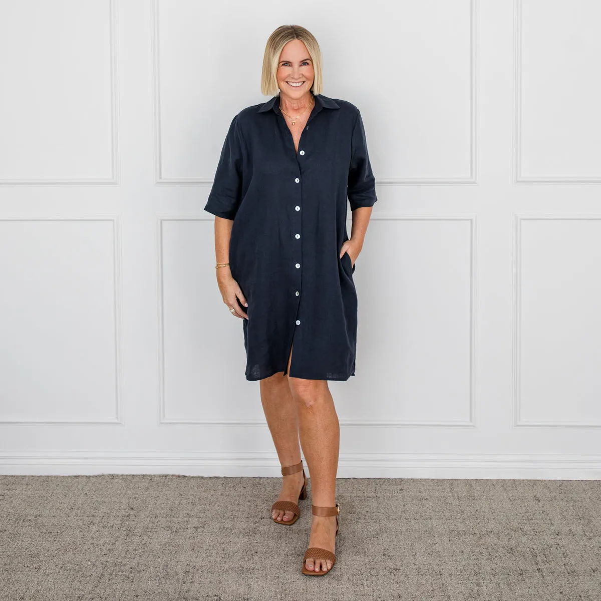 Veronica linen shirt dress - navy