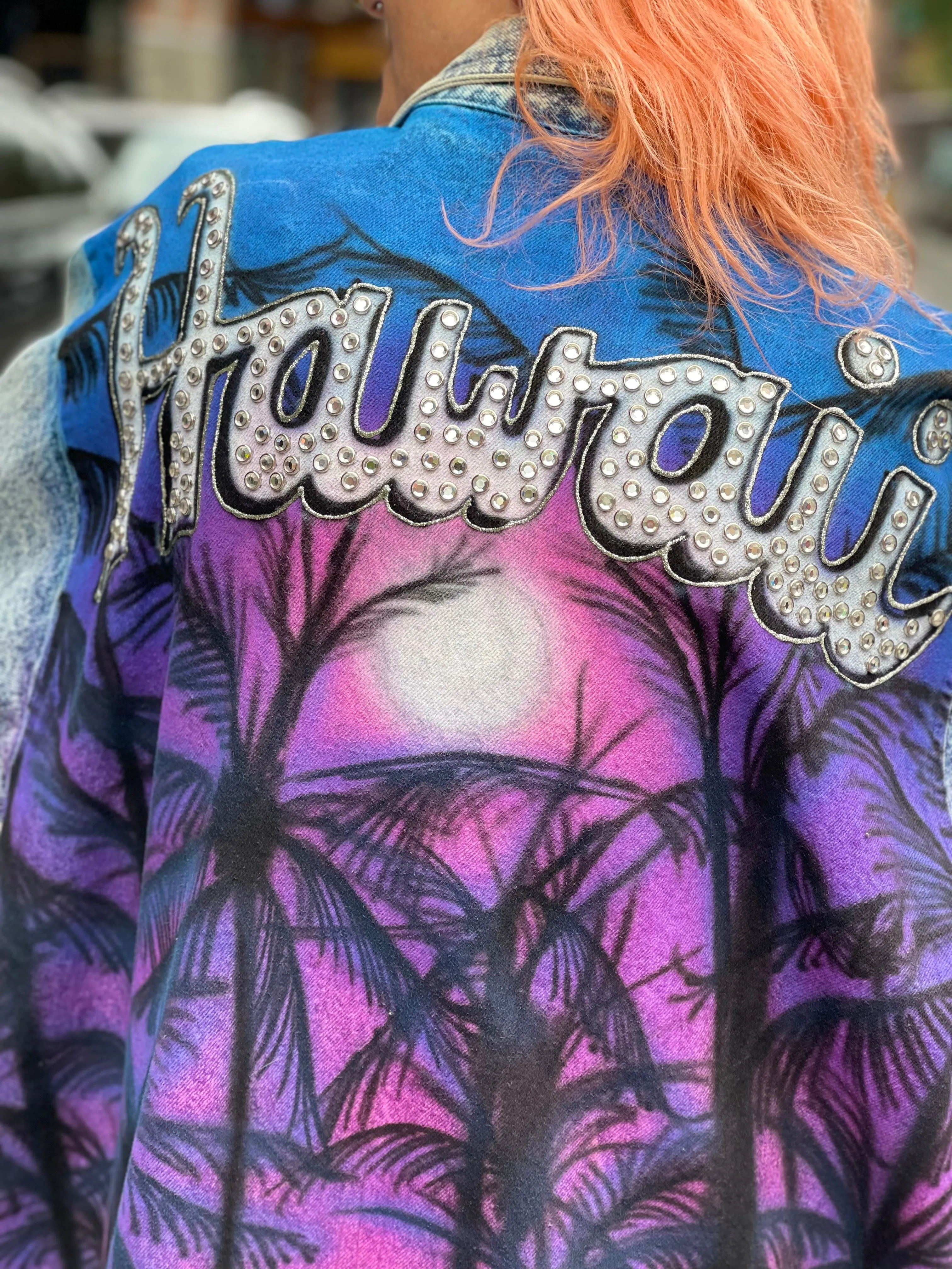 Vintage 80s Custom Airbrushed and Bedazzled Aloha Denim Coat