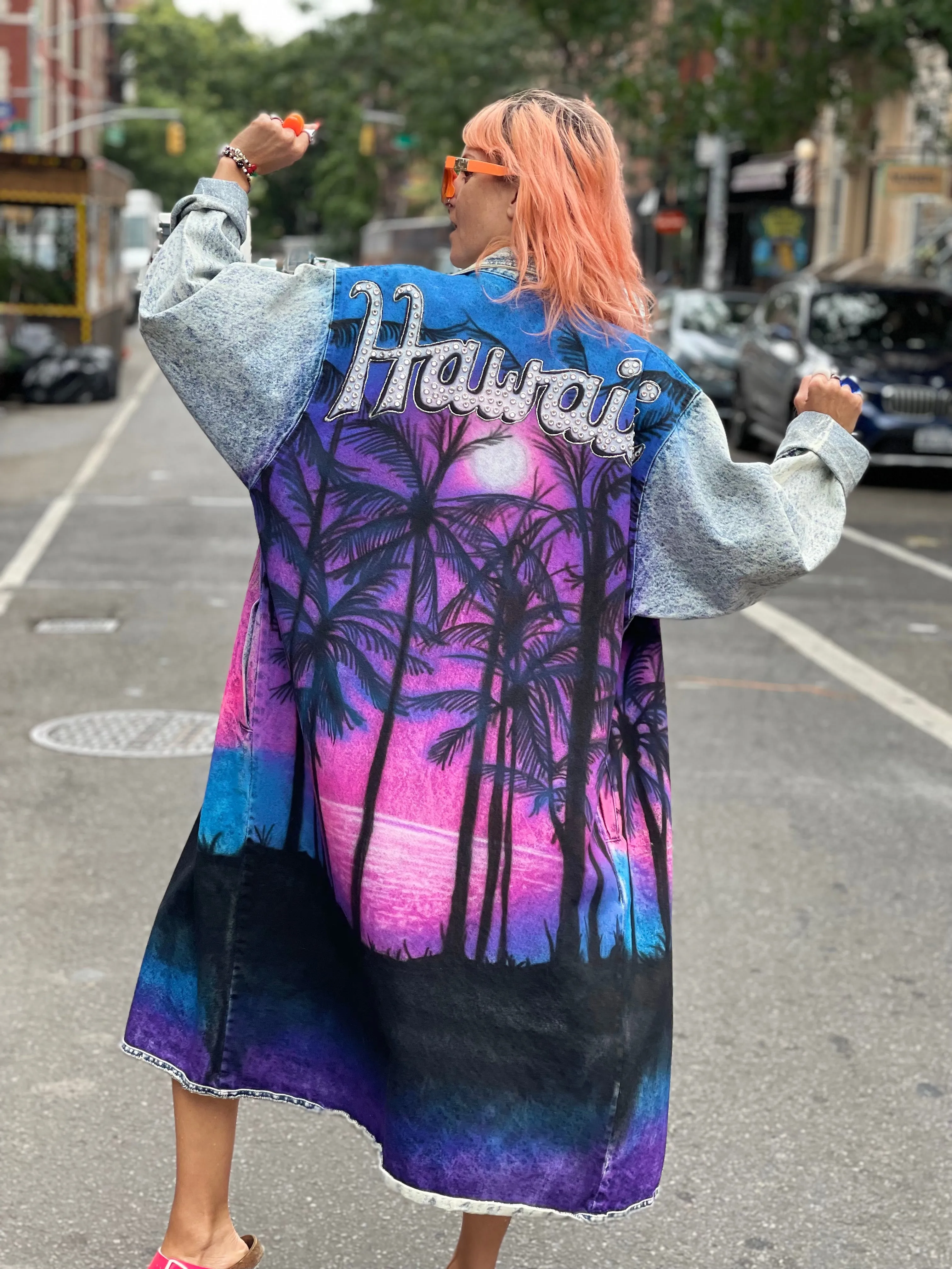 Vintage 80s Custom Airbrushed and Bedazzled Aloha Denim Coat