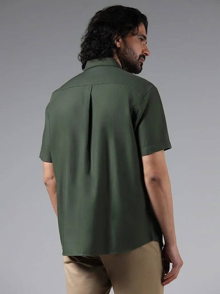 WES Casuals Solid Olive Cotton Blend Relaxed-Fit Shirt