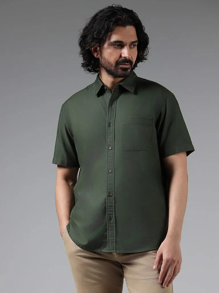 WES Casuals Solid Olive Cotton Blend Relaxed-Fit Shirt