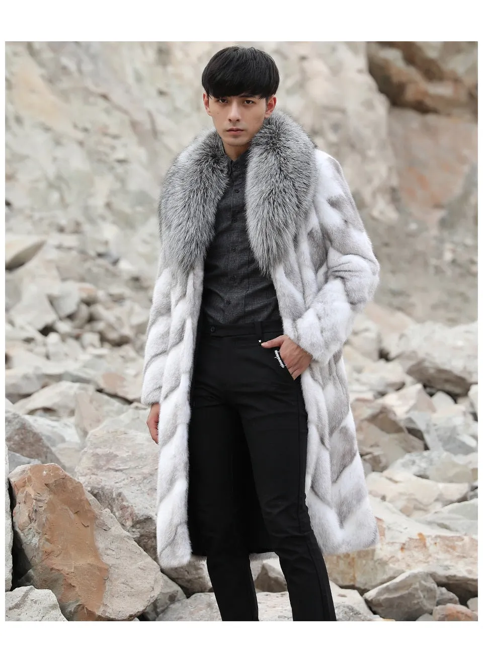 White Mink Fur Thick Real Fox Fur Collar Long Coats