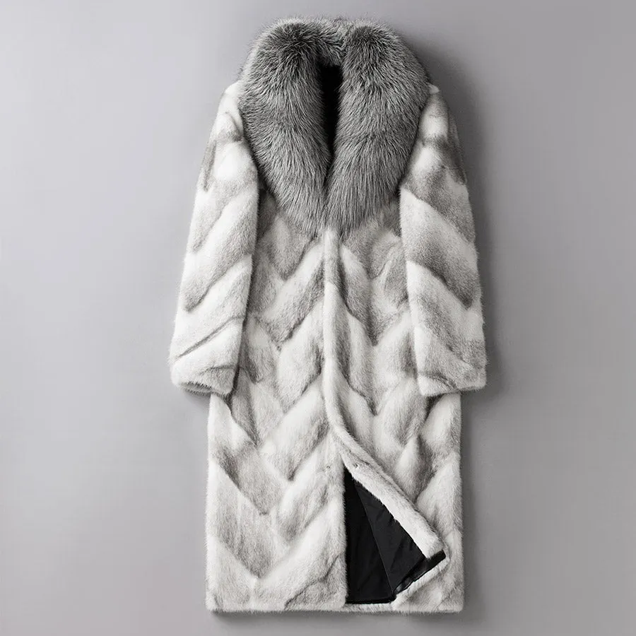 White Mink Fur Thick Real Fox Fur Collar Long Coats