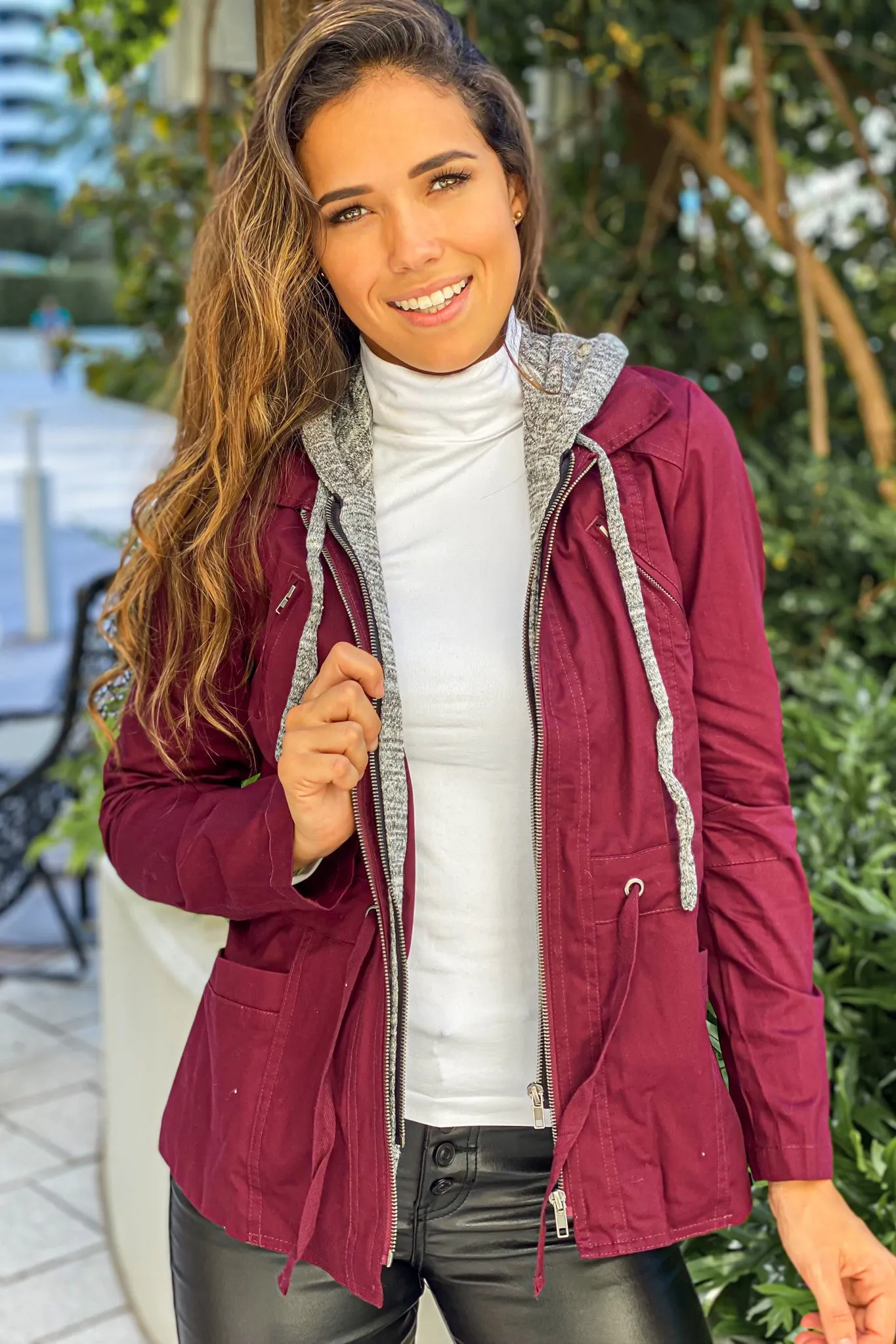 Wine Jacket with Gray Hood