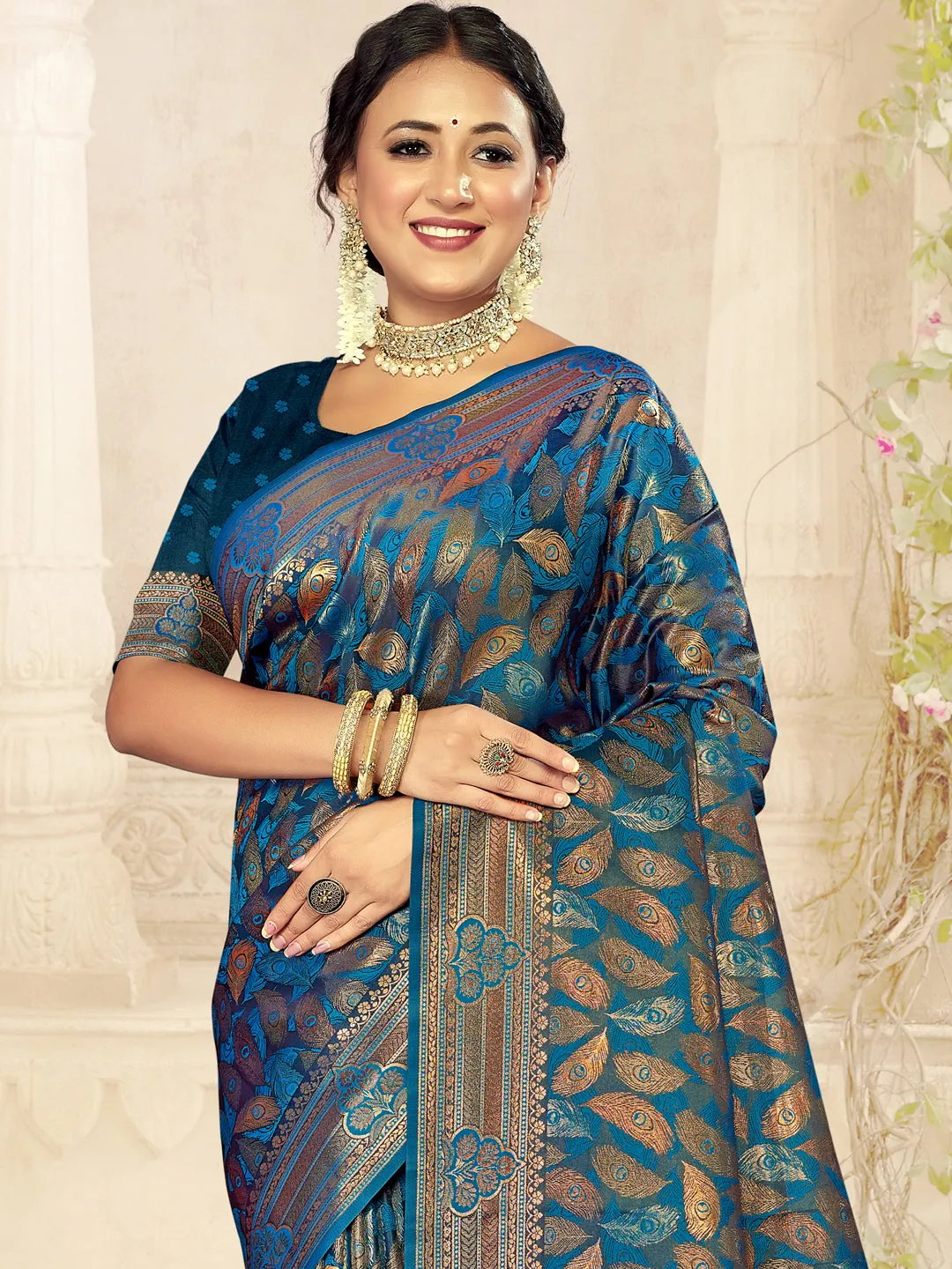 Women Blue Satin Silk Saree With Un Stitched Blouse