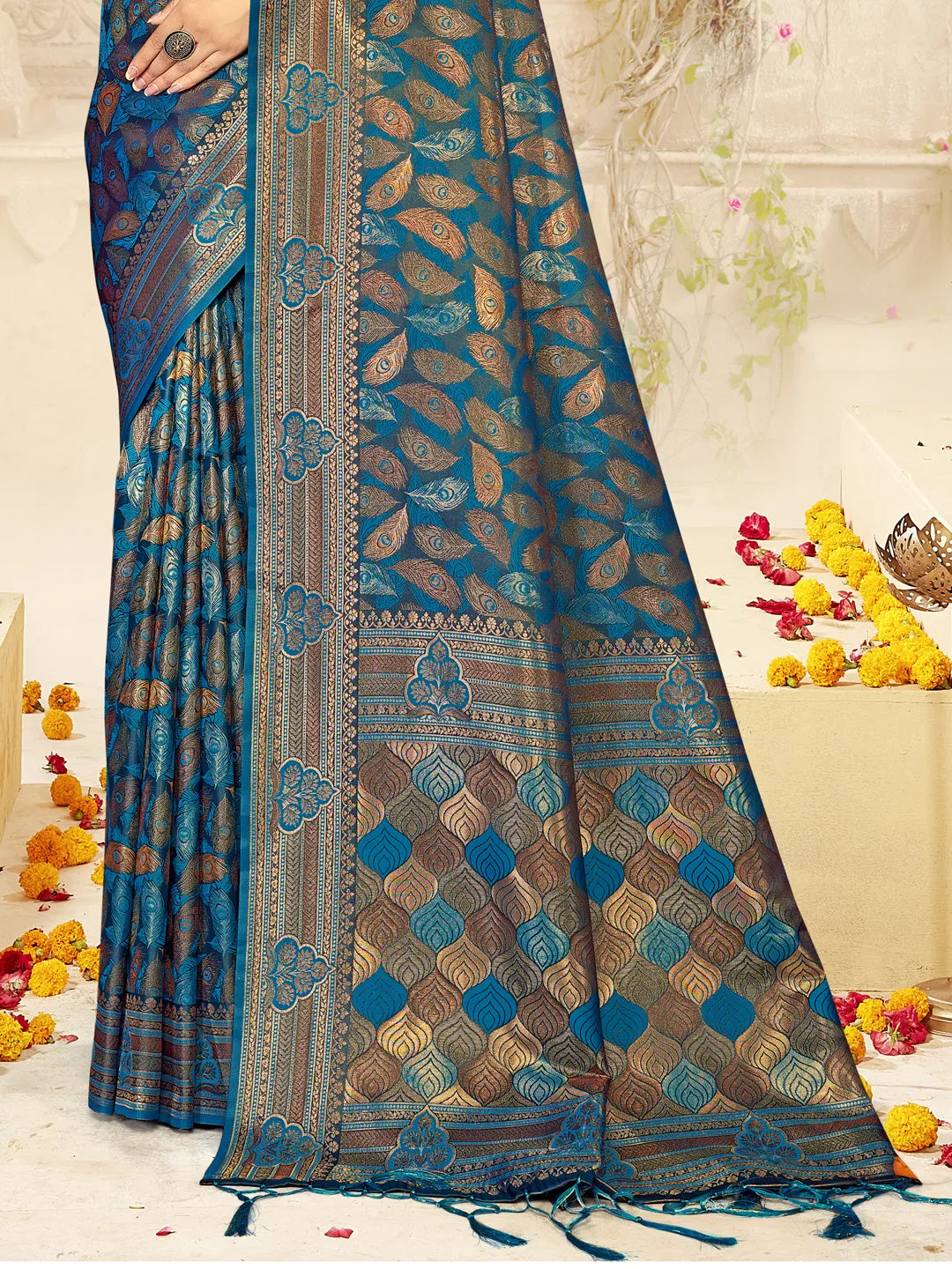 Women Blue Satin Silk Saree With Un Stitched Blouse