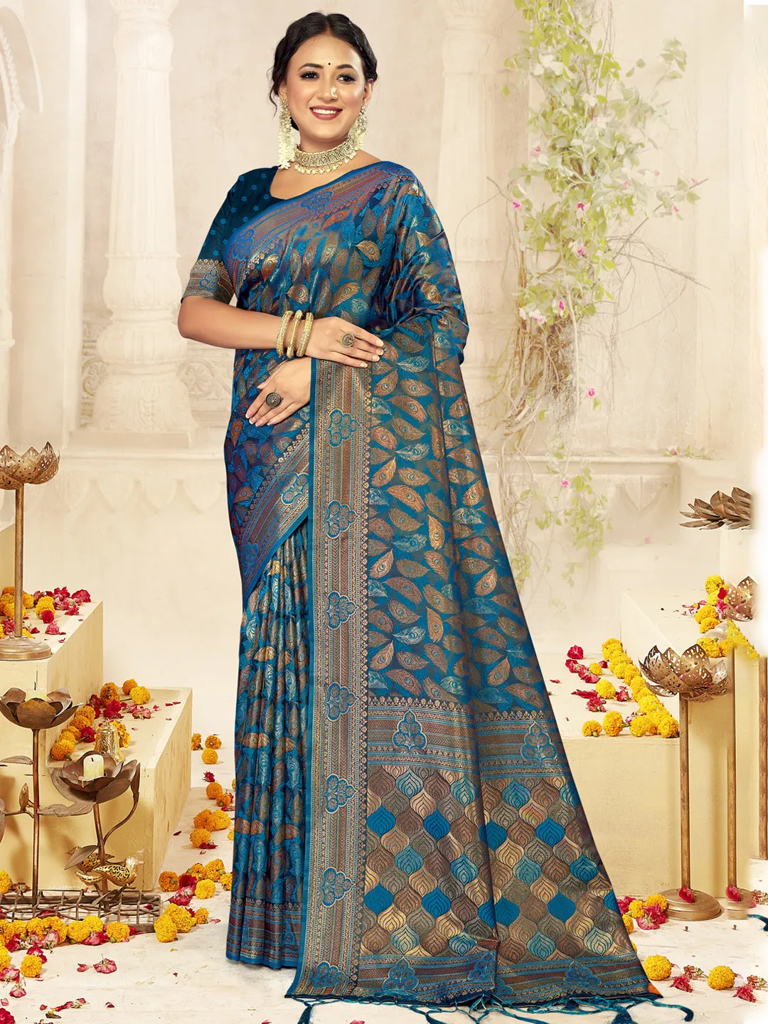 Women Blue Satin Silk Saree With Un Stitched Blouse