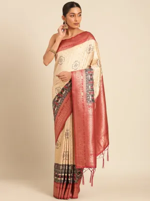 Women Cream Silk Saree With Un Stitched Blouse