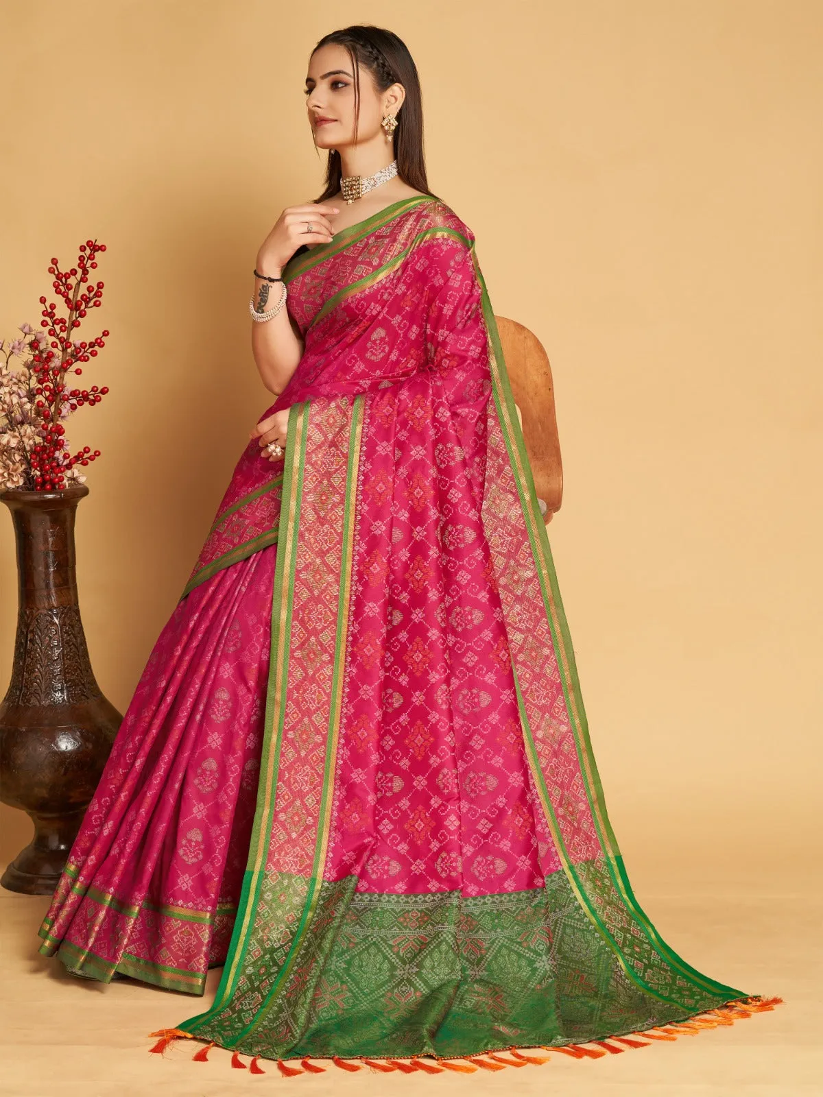 Women Party Wear Designer Pink Colour Patola Silk Saree Collection