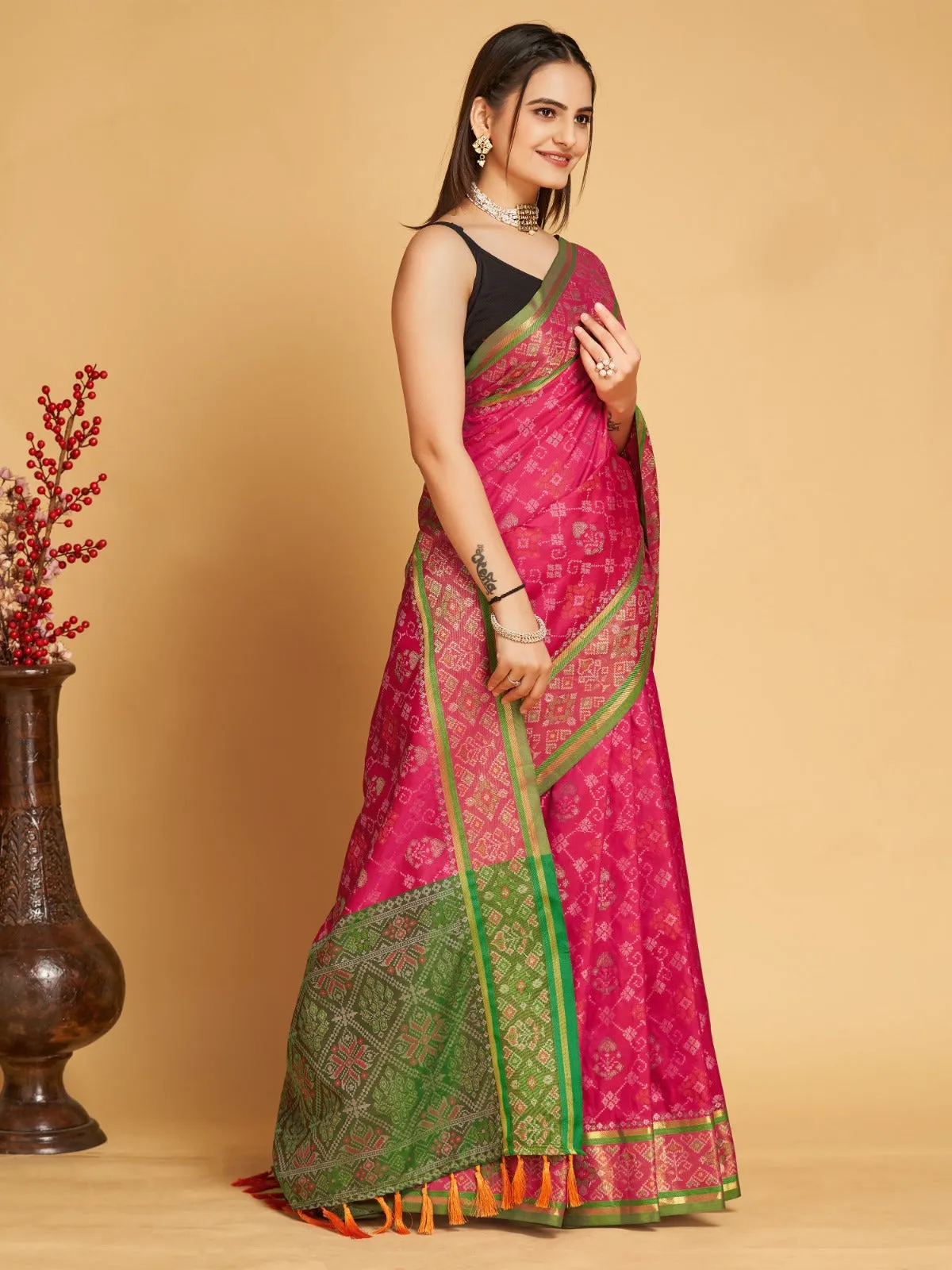 Women Party Wear Designer Pink Colour Patola Silk Saree Collection