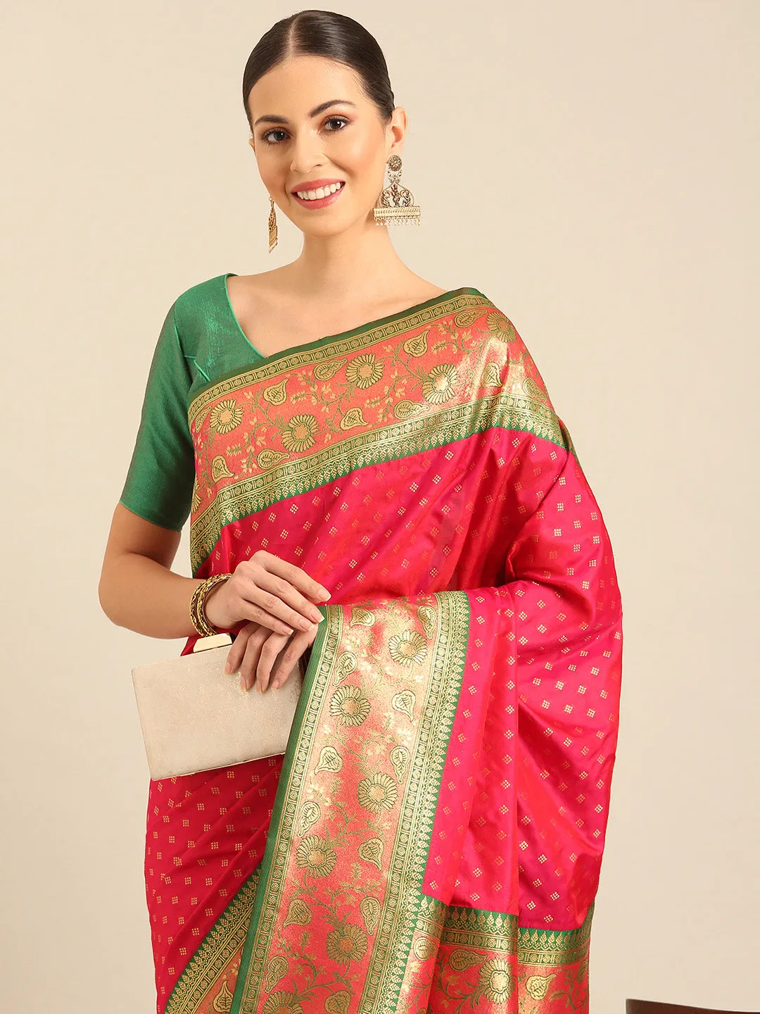 Women Pink Banarasi Silk Saree With Un Stitched Blouse