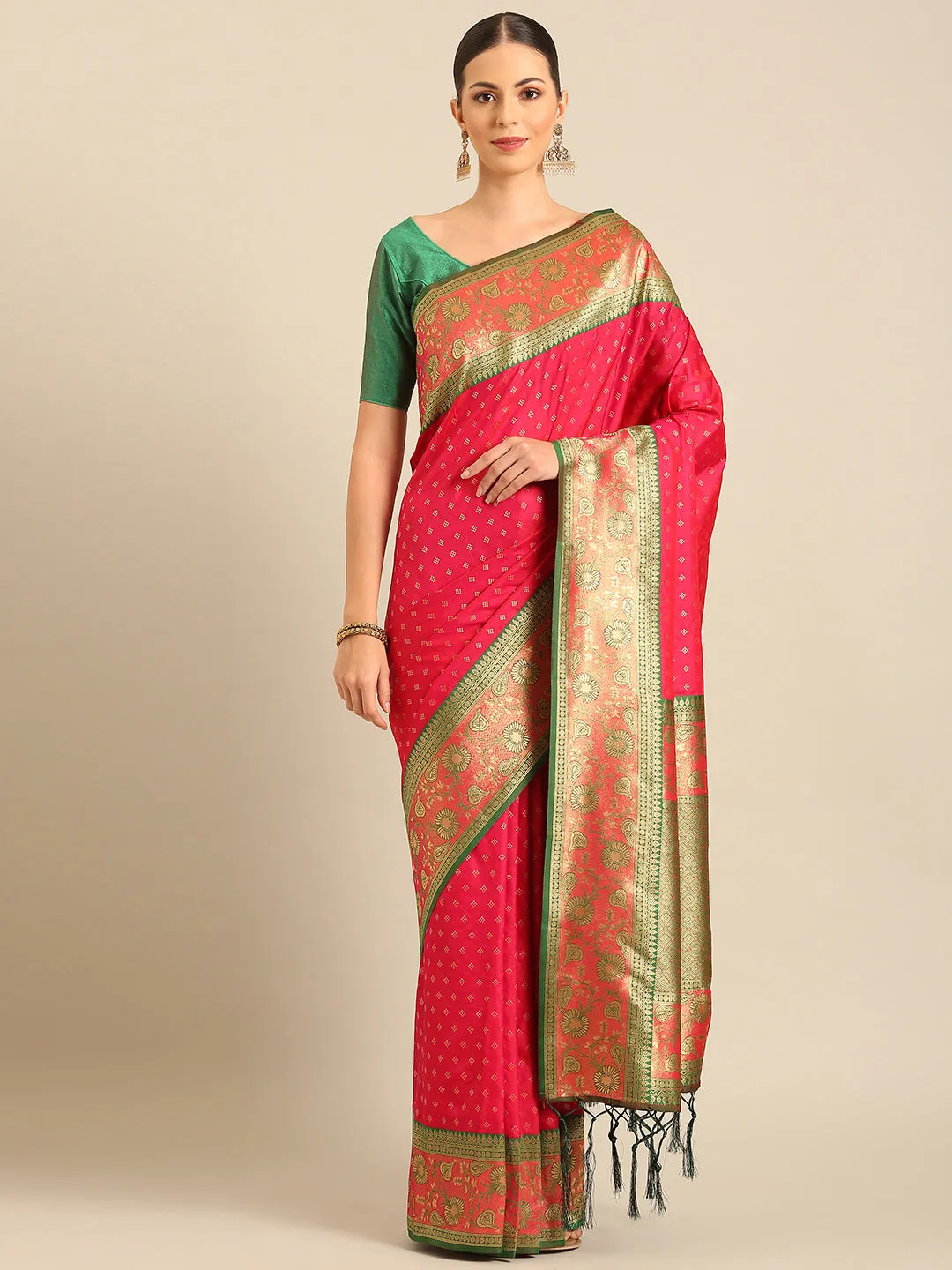 Women Pink Banarasi Silk Saree With Un Stitched Blouse