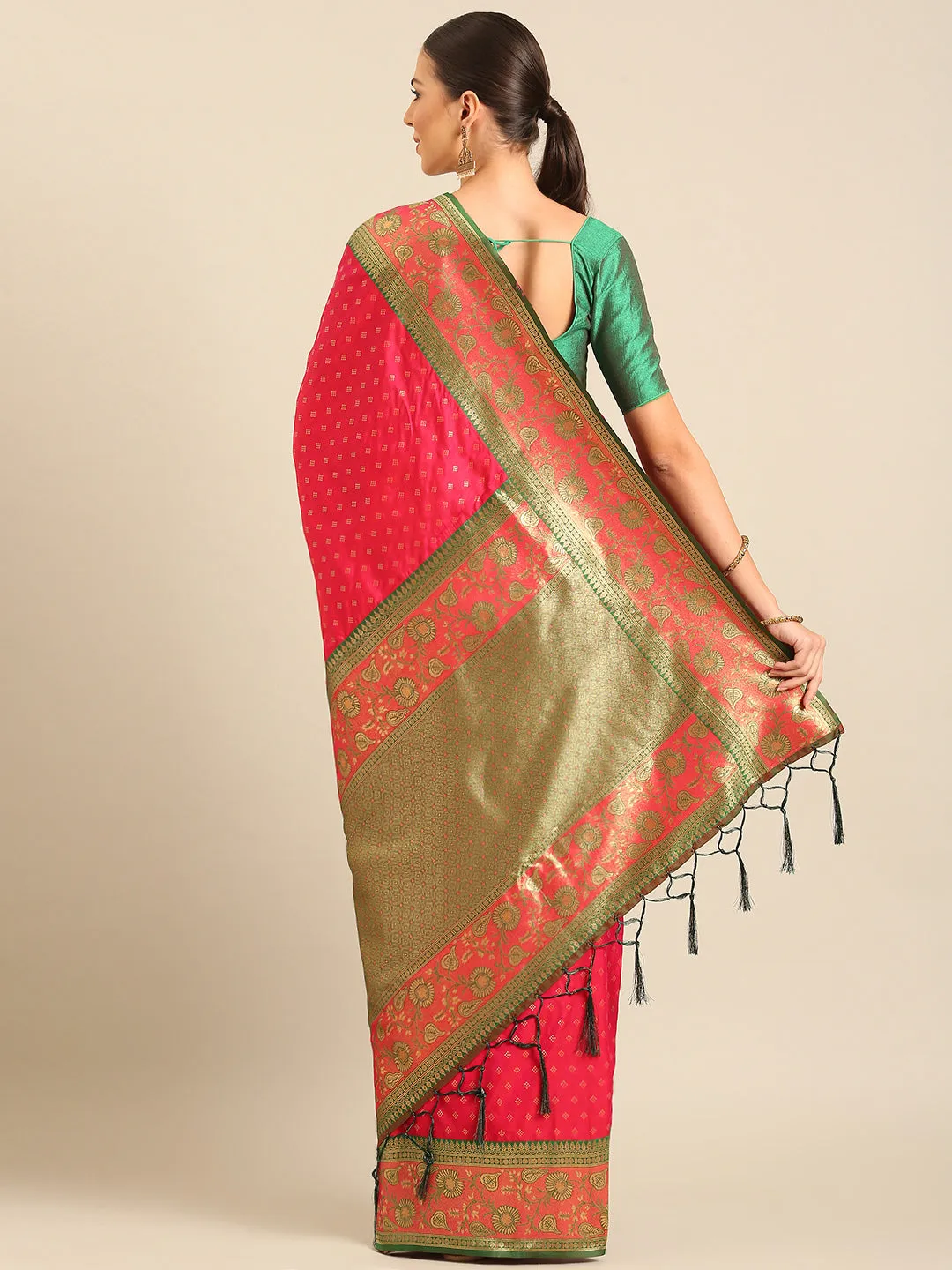 Women Pink Banarasi Silk Saree With Un Stitched Blouse