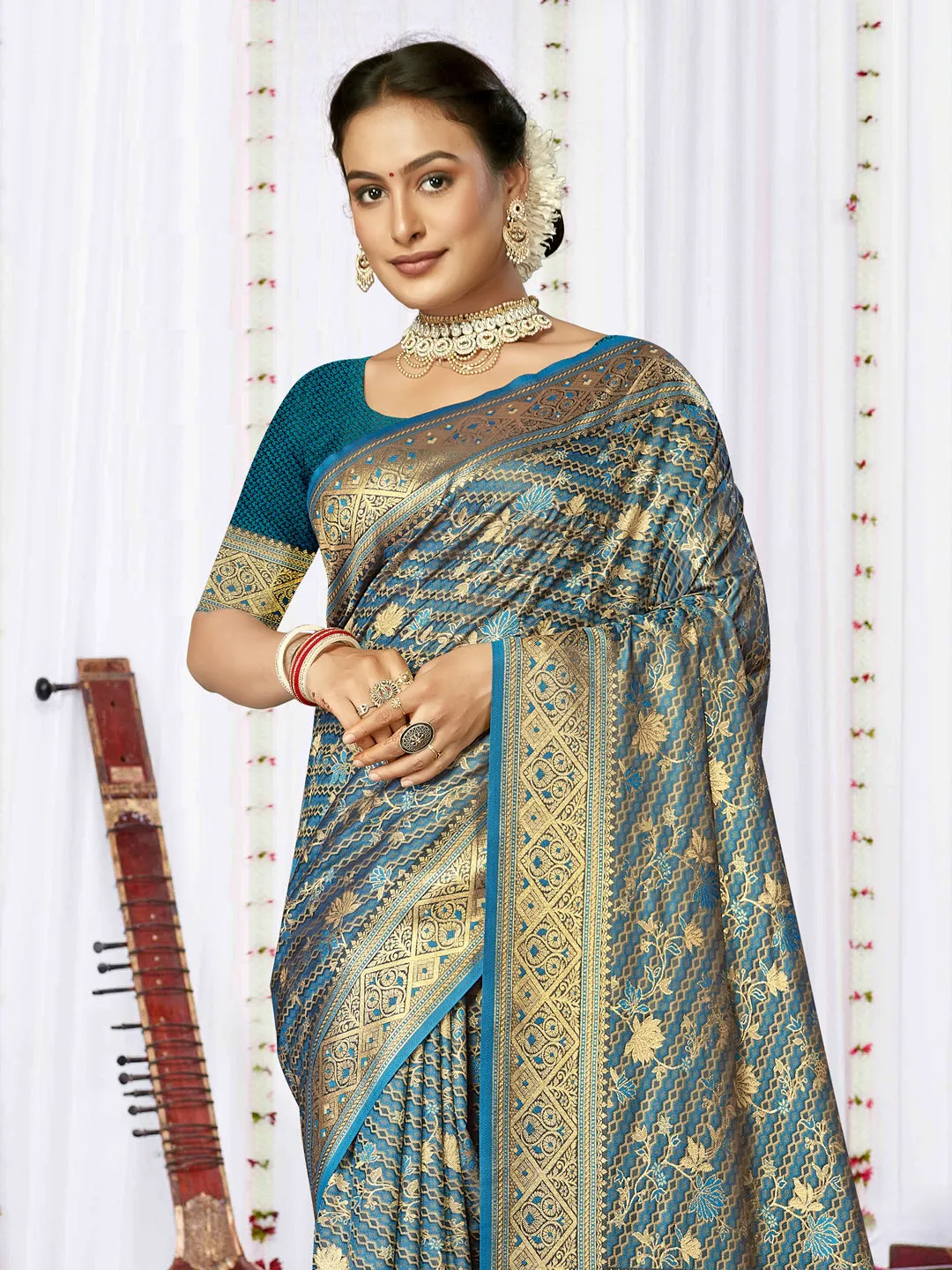 Women Rama Satin Silk Saree With Un Stitched Blouse