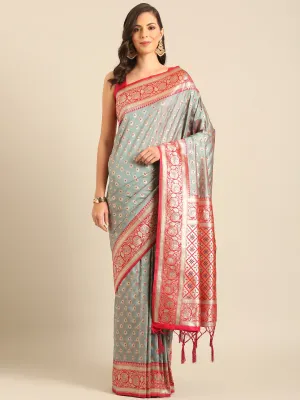 Women Sea Green Banarasi Silk Saree With Un Stitched Blouse