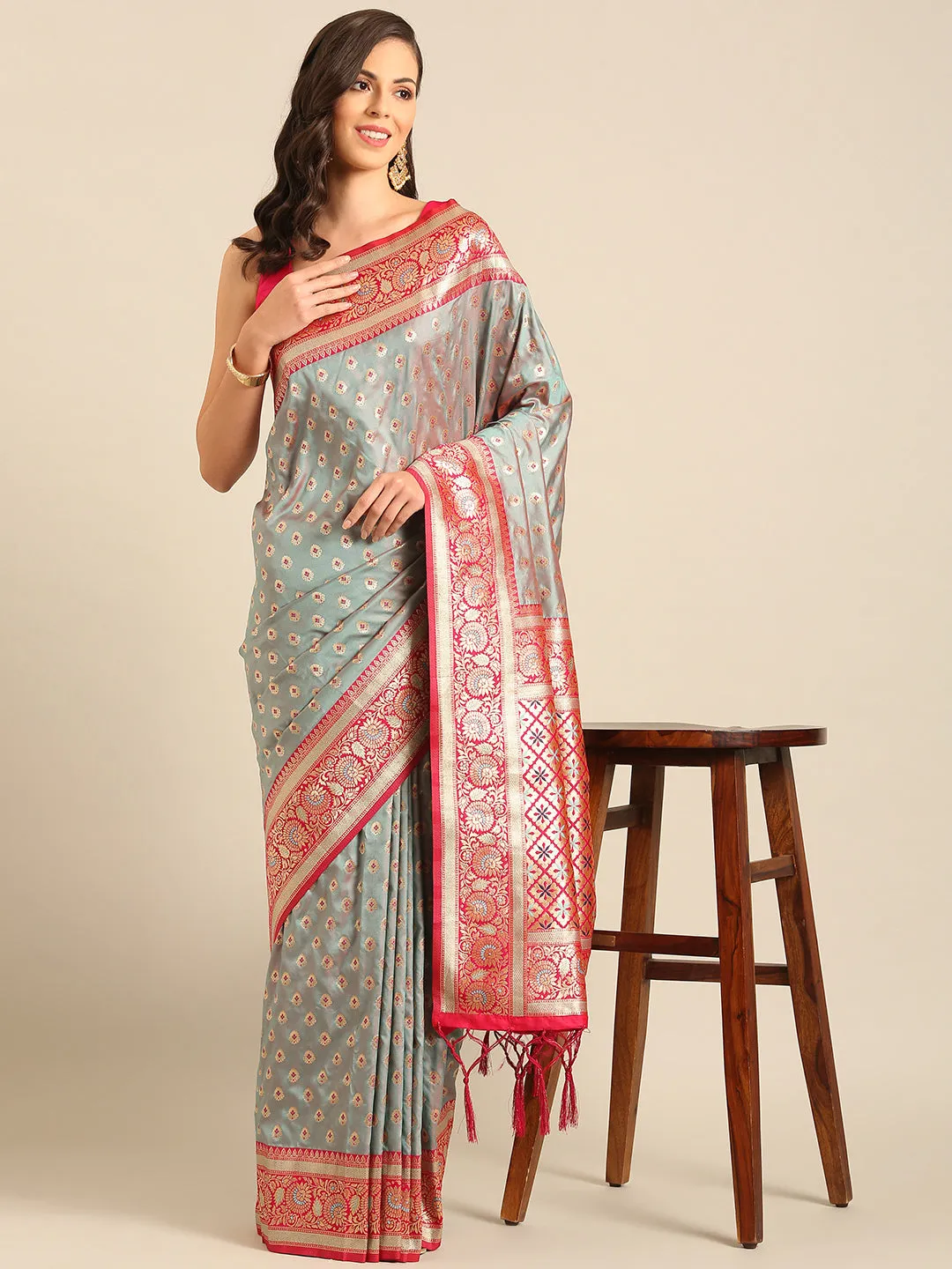 Women Sea Green Banarasi Silk Saree With Un Stitched Blouse