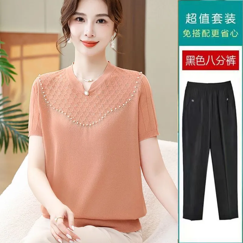 XD Middle-Aged and Elderly Women's Summer Short-Sleeved T-shirt Fashion Ice Silk Knitted Shirt Western Style Mother Thin Solid Color Two-Piece Suit