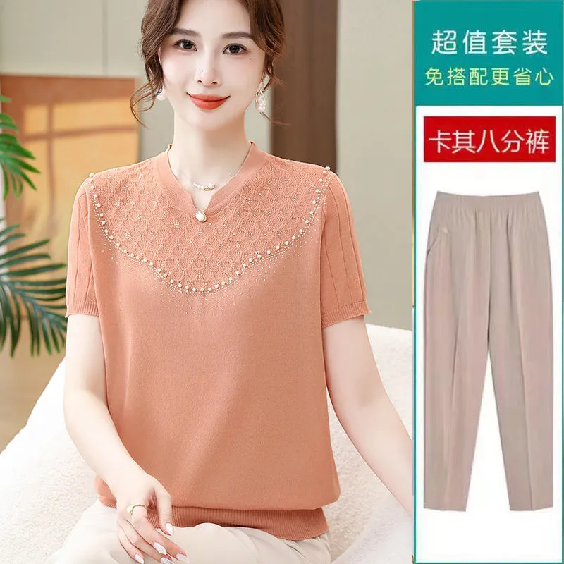 XD Middle-Aged and Elderly Women's Summer Short-Sleeved T-shirt Fashion Ice Silk Knitted Shirt Western Style Mother Thin Solid Color Two-Piece Suit