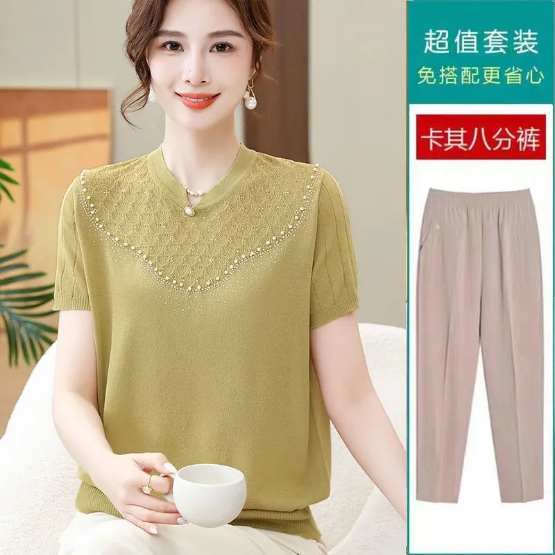 XD Middle-Aged and Elderly Women's Summer Short-Sleeved T-shirt Fashion Ice Silk Knitted Shirt Western Style Mother Thin Solid Color Two-Piece Suit