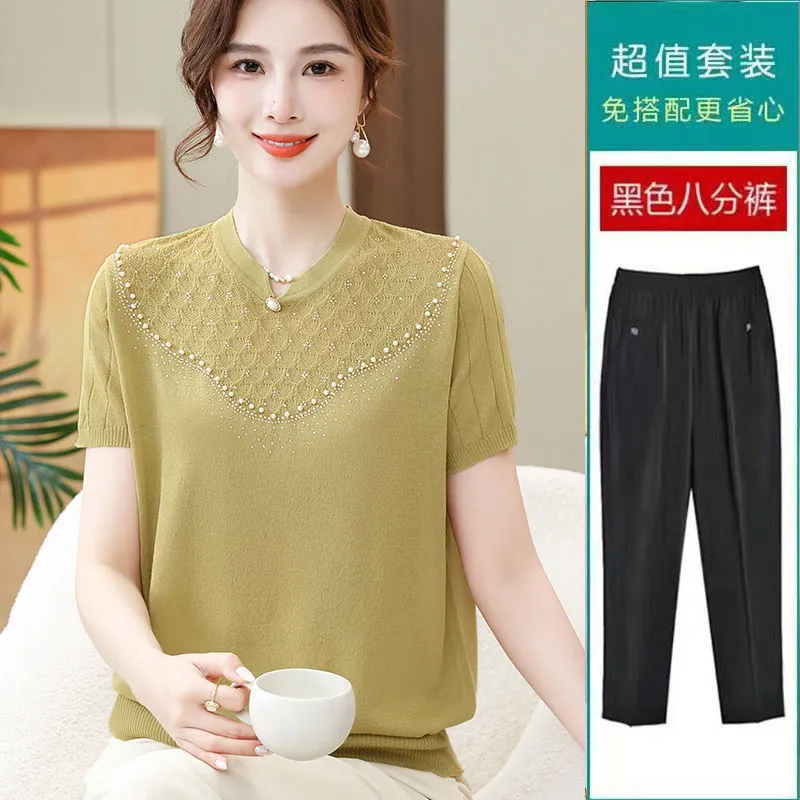 XD Middle-Aged and Elderly Women's Summer Short-Sleeved T-shirt Fashion Ice Silk Knitted Shirt Western Style Mother Thin Solid Color Two-Piece Suit