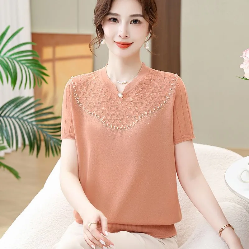 XD Middle-Aged and Elderly Women's Summer Short-Sleeved T-shirt Fashion Ice Silk Knitted Shirt Western Style Mother Thin Solid Color Two-Piece Suit