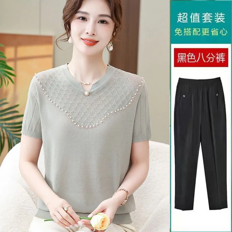 XD Middle-Aged and Elderly Women's Summer Short-Sleeved T-shirt Fashion Ice Silk Knitted Shirt Western Style Mother Thin Solid Color Two-Piece Suit