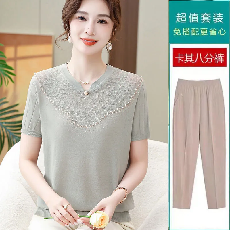 XD Middle-Aged and Elderly Women's Summer Short-Sleeved T-shirt Fashion Ice Silk Knitted Shirt Western Style Mother Thin Solid Color Two-Piece Suit