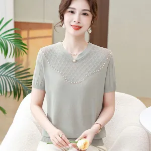 XD Middle-Aged and Elderly Women's Summer Short-Sleeved T-shirt Fashion Ice Silk Knitted Shirt Western Style Mother Thin Solid Color Two-Piece Suit