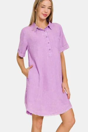 Zenana Washed Linen Raw Hem Dress with Pockets